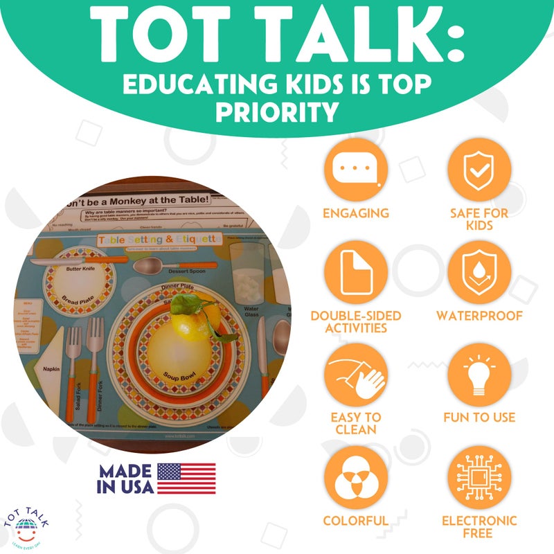 Tot Talk Table Setting & Etiquette Educational Placemat for Kids â€“ Made in USA â€“ Durable, Double-Sided, Proper Table Setting & Manners & Dining Etiquette â€“ Waterproof Wipeable, 17.5â€ x 11.5â€ - Image 2